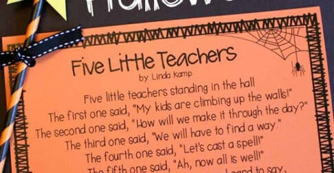 Five Little Teacher poem on orange paper.