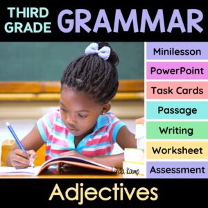 Adjective activities, worksheets, and lesson slides in a 3rd grade grammar unit.