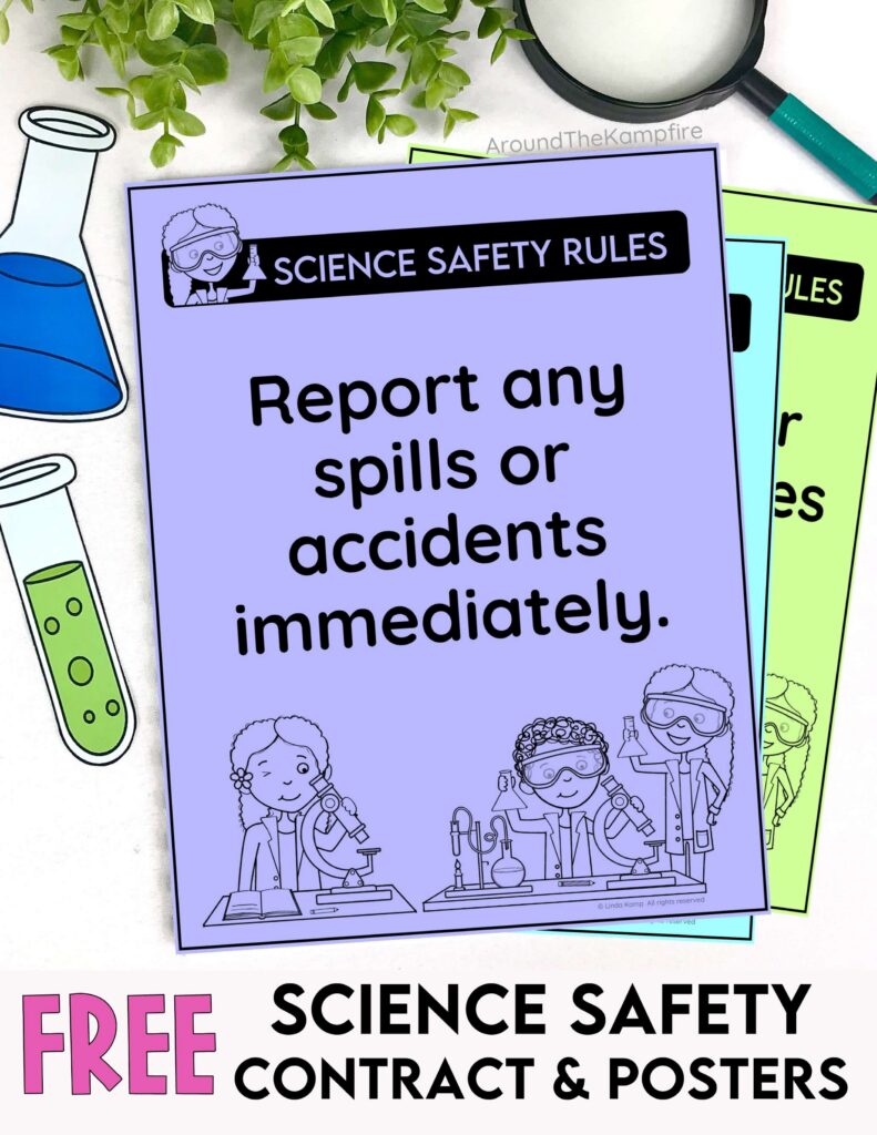 Science safety posters and science safety contract for elementary students.