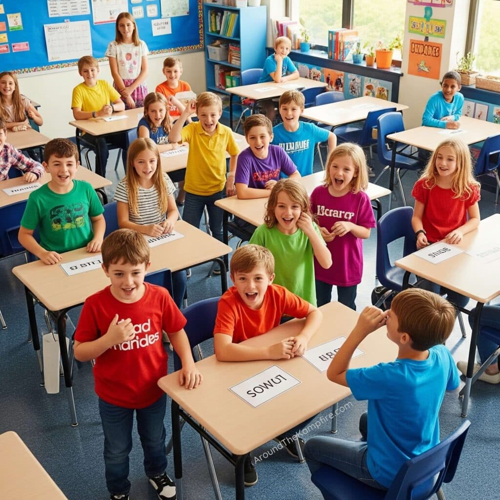 Indoor recess ideas with kids playing charades.