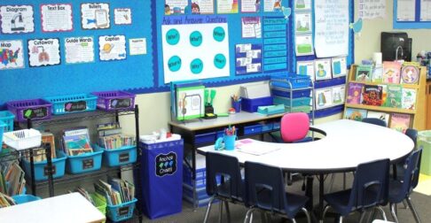 2nd grade classroom reading area, small group teacher table, and classroom library