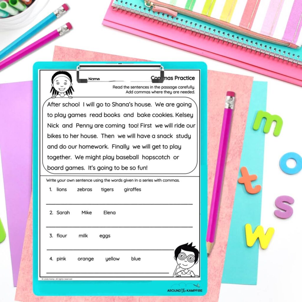 commas in a series activities practice worksheet