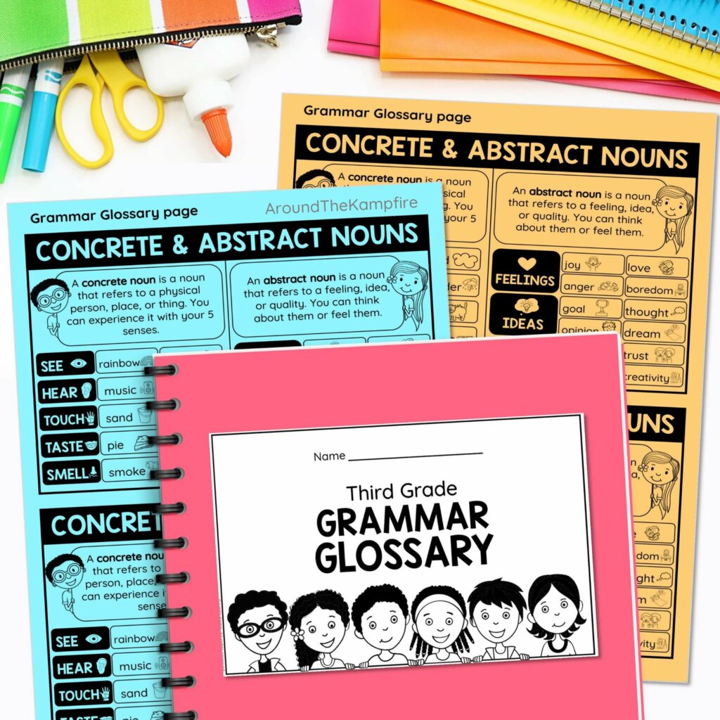 Notebook for students to make a concrete and abstract nouns grammar glossary.