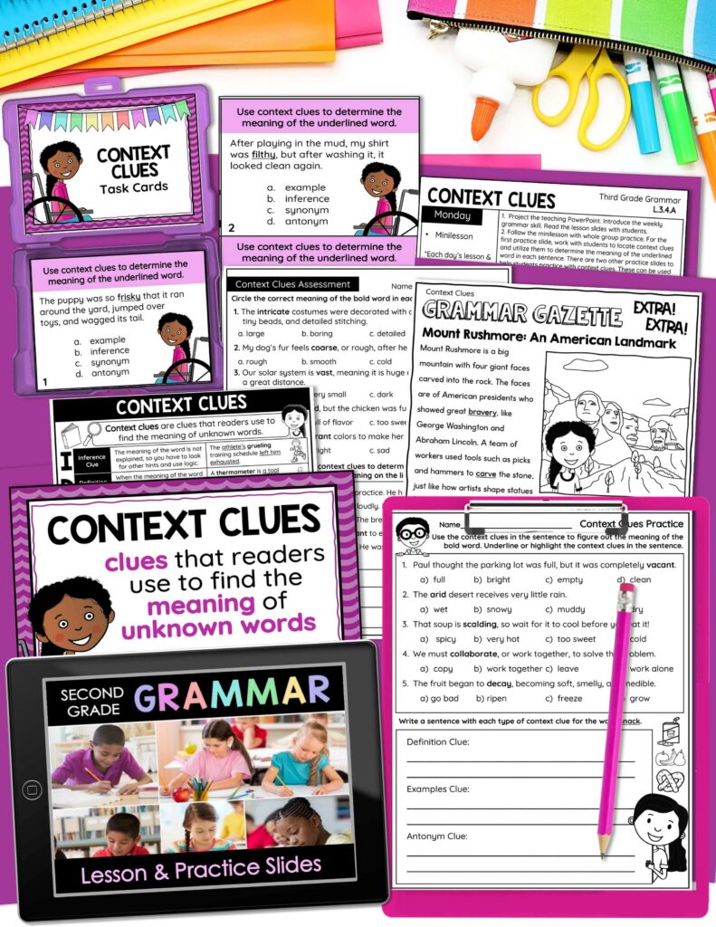 5 types of context clues teaching unit for 3rd grade.