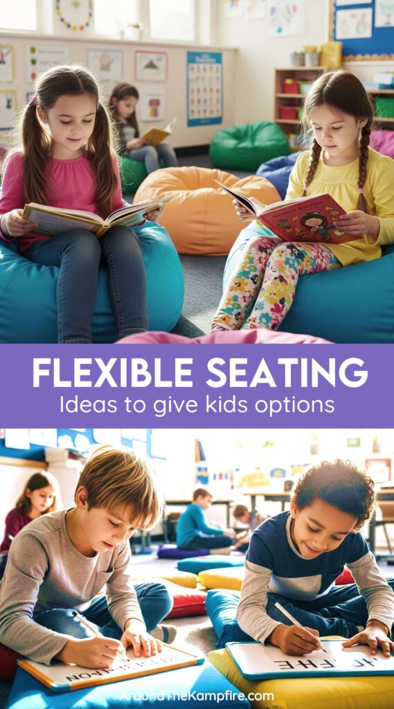 Kids reading in bean bag chairs and other flexible seating ideas.