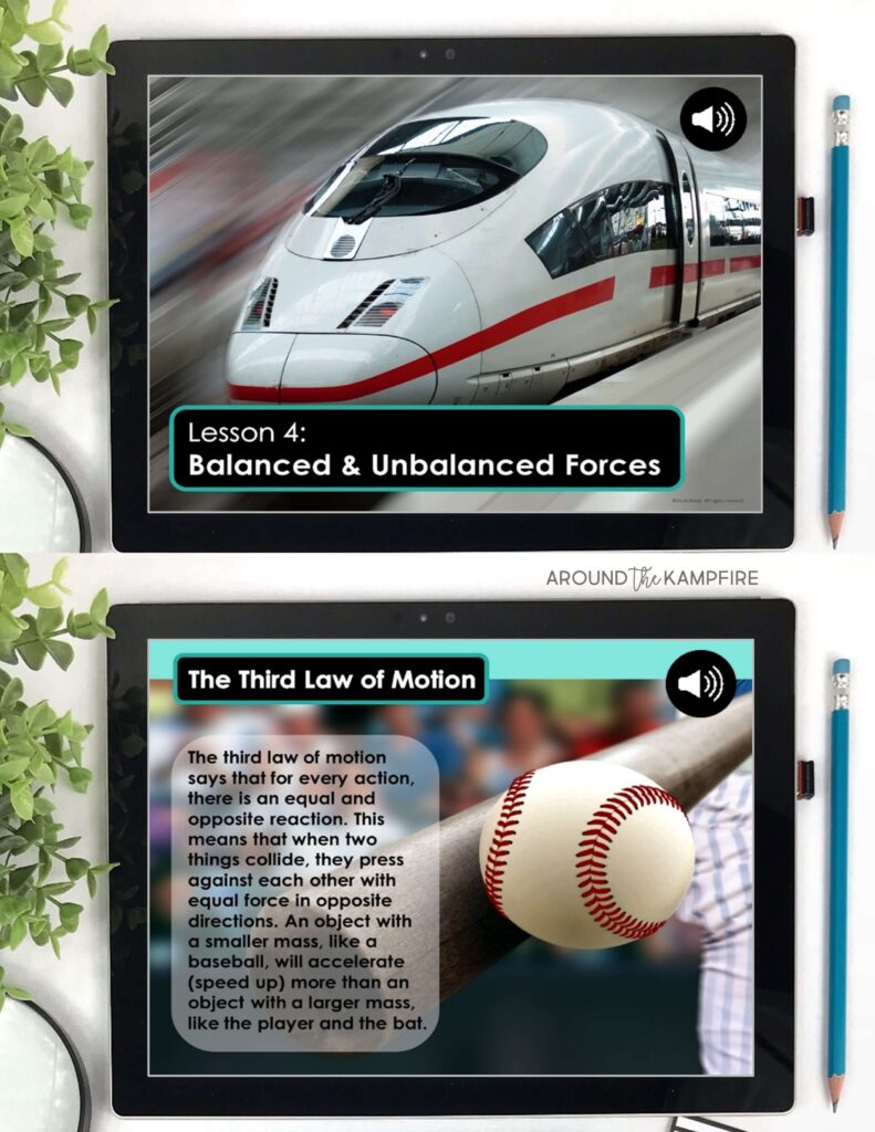 Force and motion audio science lessons