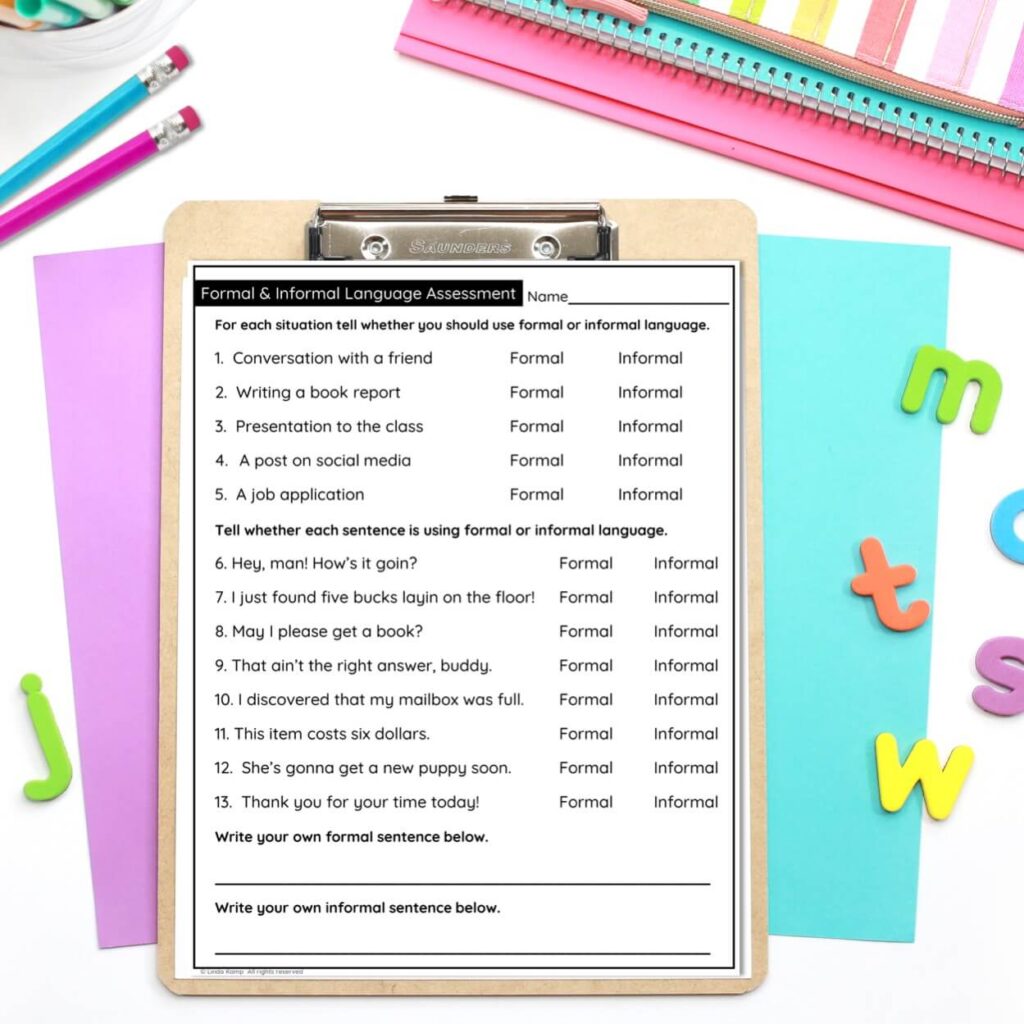 formal & informal language activities assessment