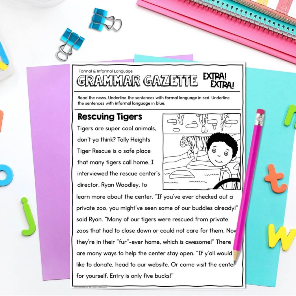 formal & informal language activities reading passage