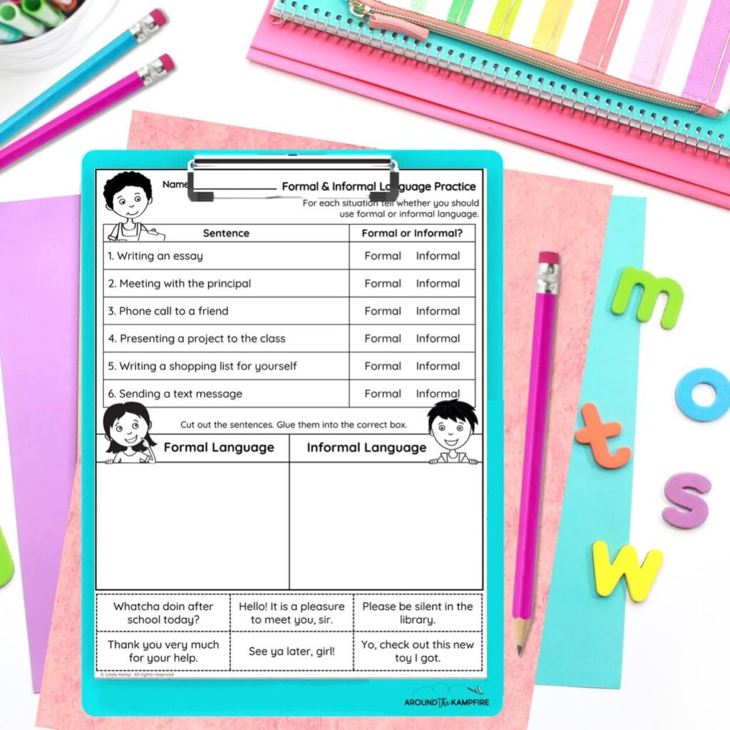 formal & informal language activities worksheet