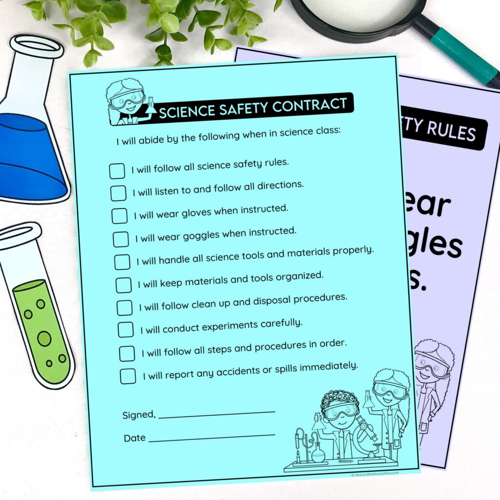 Science safety posters and science safety contract for elementary students.