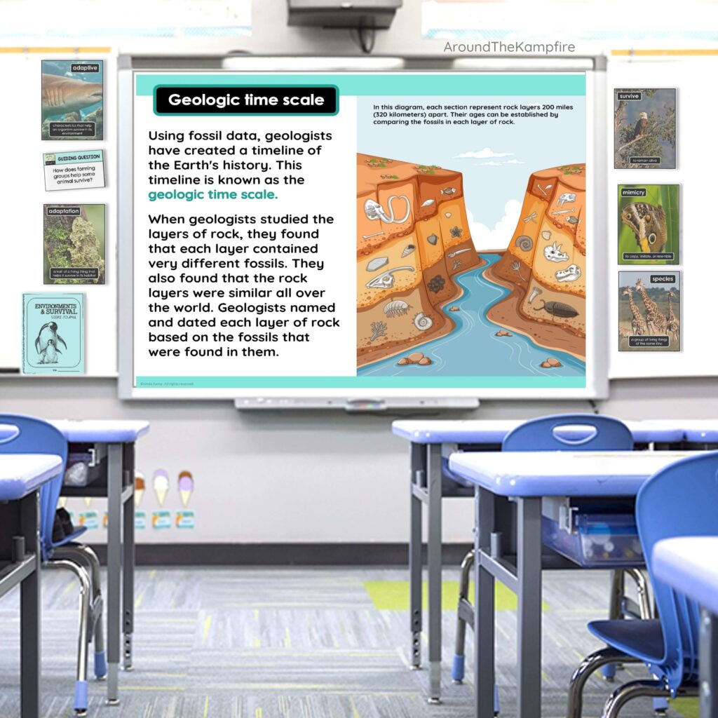 Third grade science lesson on the geologic time scale with teaching slides on a Smartboard in a classroom.