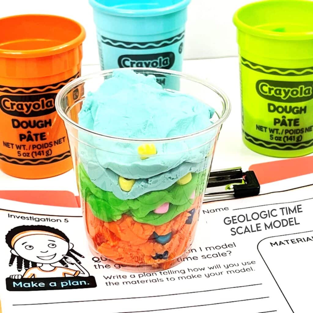 3rd grade science project using orange blue and green Play-Doh to make a model of the geologic time scale.