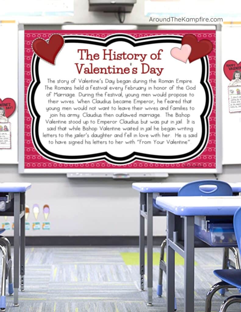 Classroom a History of Valentine's Day slide on the SmarBoard.