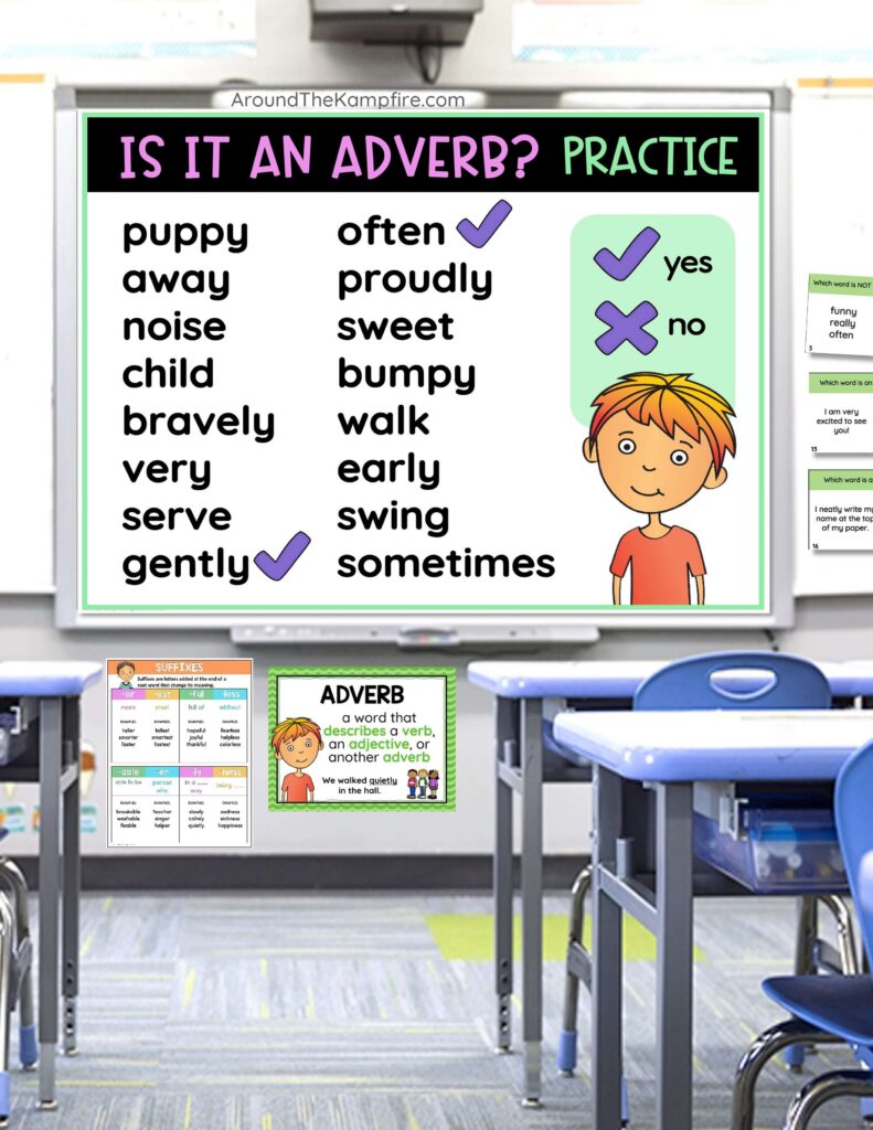 Lesson slides show how to teach adverbs in 3rd grade