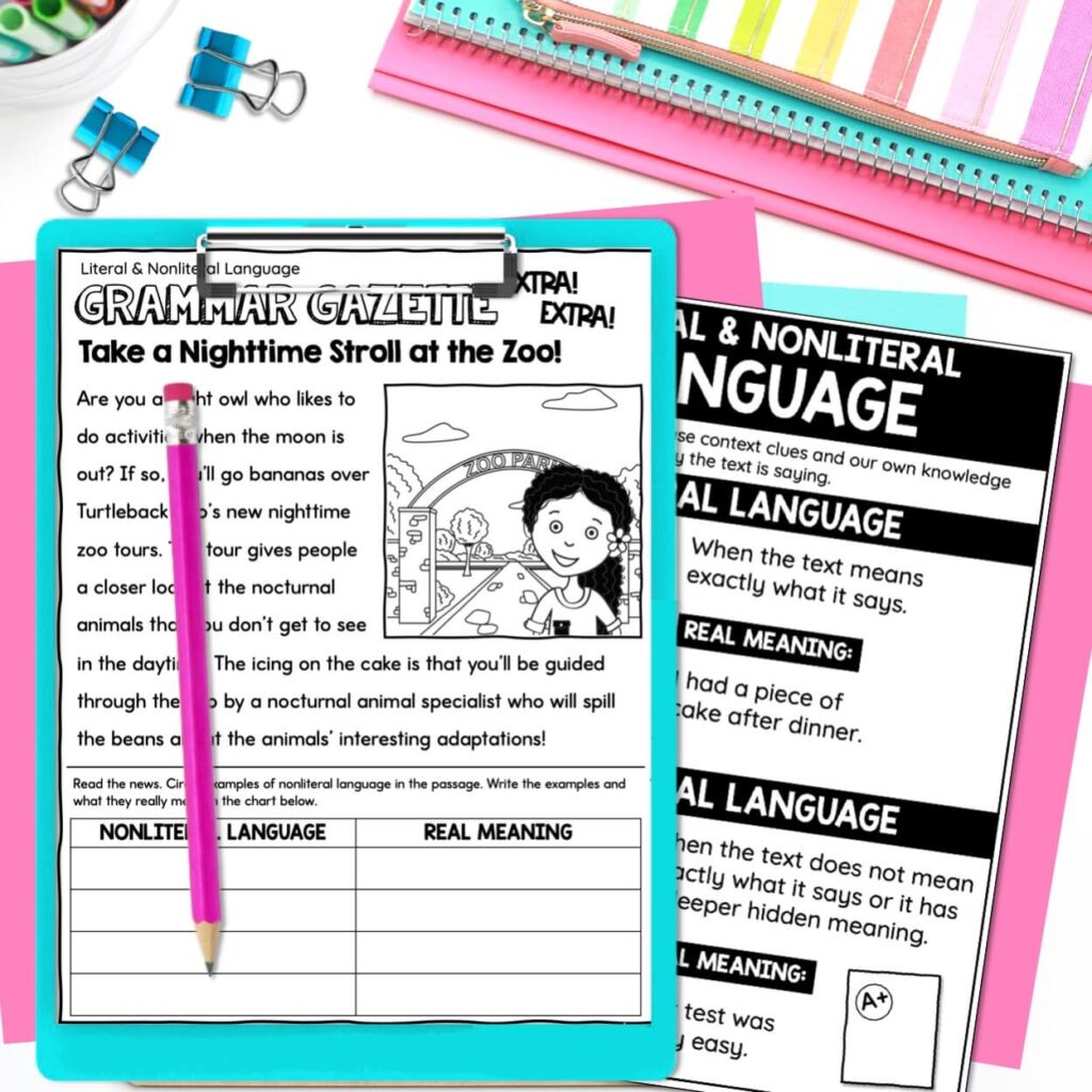 how to teach literal & nonliteral language reading passage