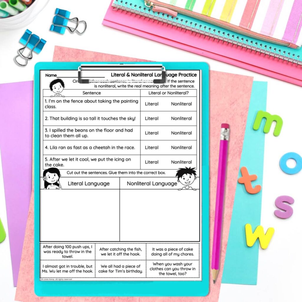 how to teach literal & nonliteral language worksheet