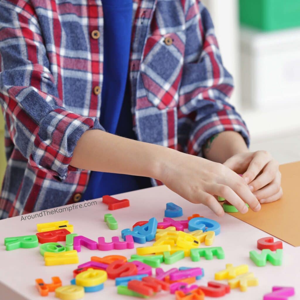 Indoor recess ideas and magnetic letters game.