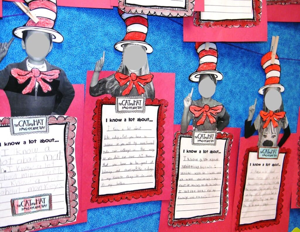 literacy week cat in the hat writing craft for bulletin board.