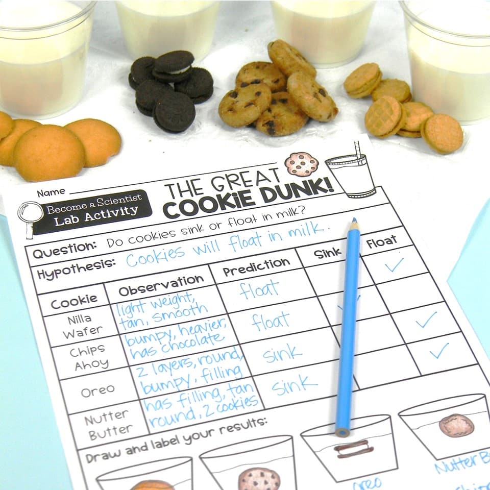 the great cookie dunk experiment- different types of cookies and glasses of milk- how to introduce science to elementary students