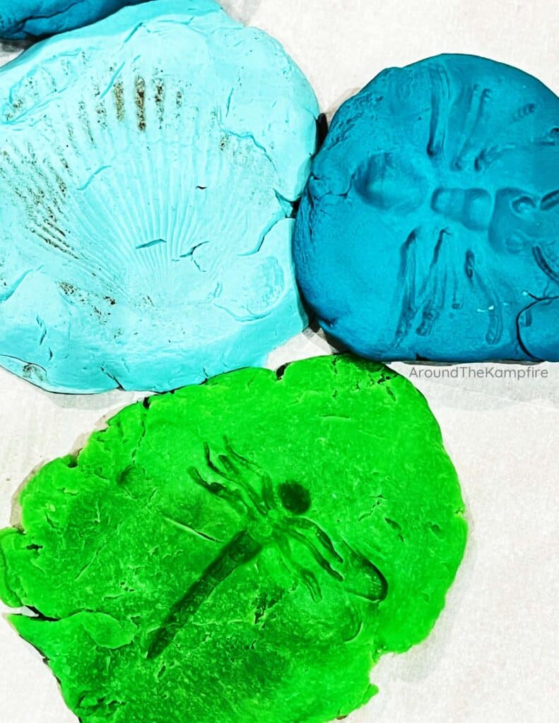 Fossils activity with blue and green Play-Doh.