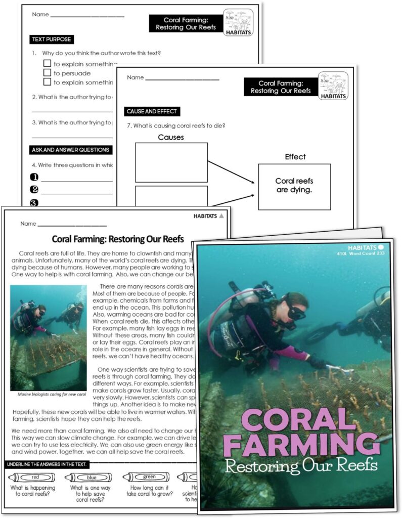 Nonfiction reading comprehension passage about coral reefs with comprehension questions