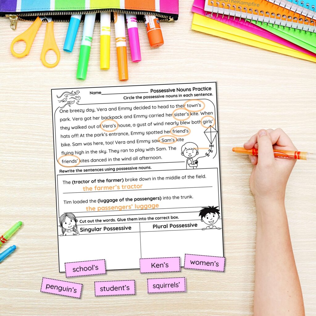 Worksheets to teach possessive nouns in 3rd grade grammar.