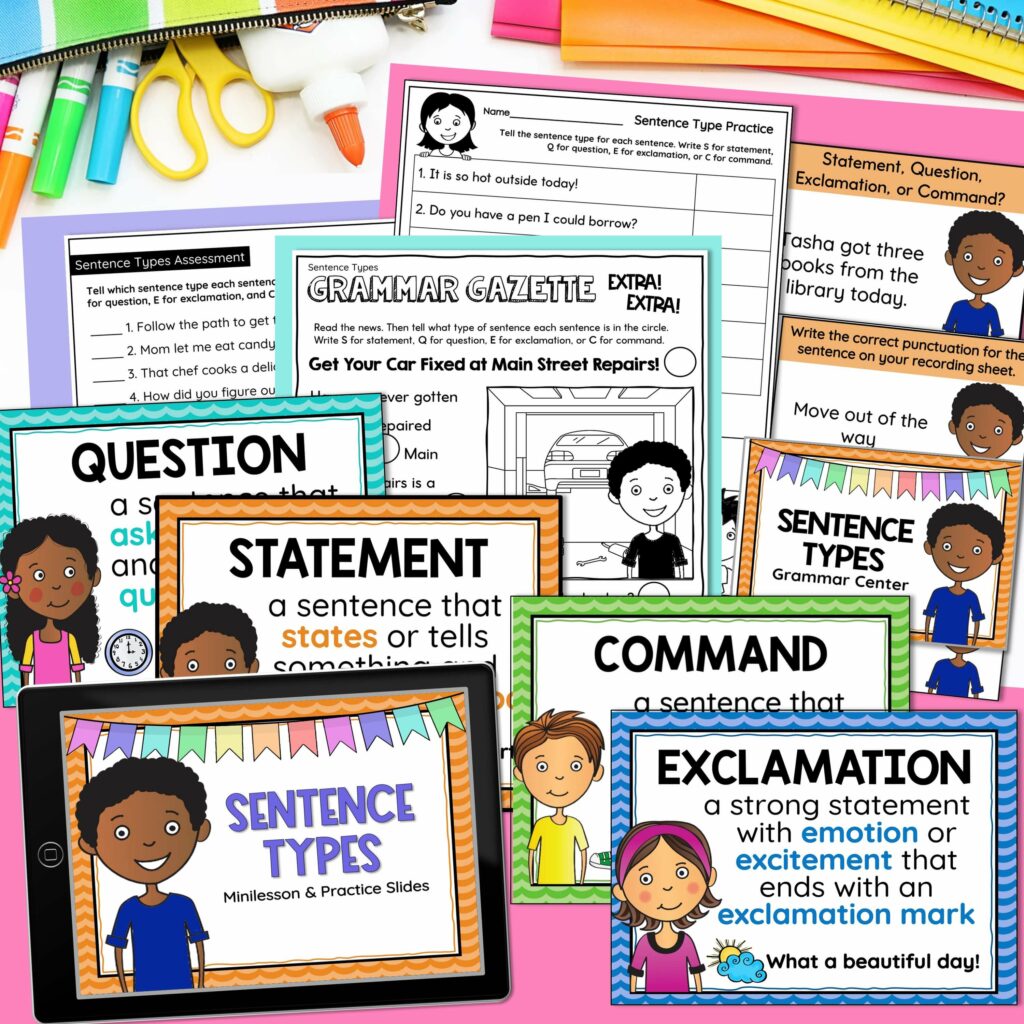 Sentence types lesson slides, worksheets, task cards and posters.