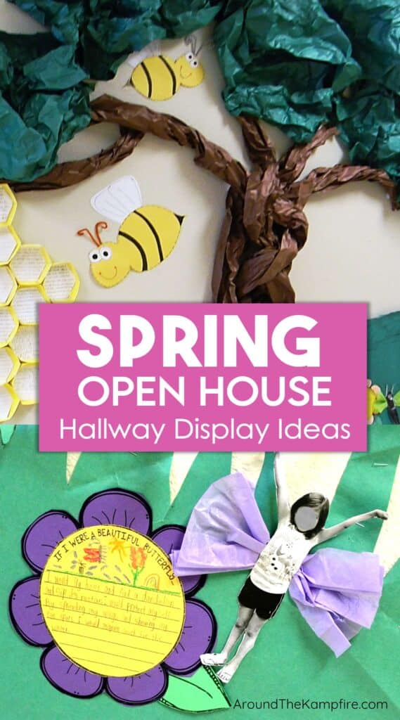 Tree, bees, and butterfly kids writing craft displayed for a Spring open house.