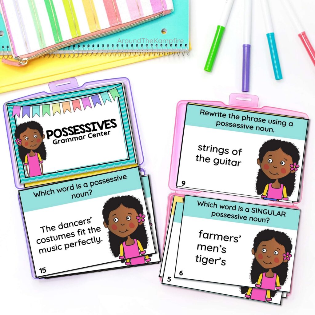 Task cards to teach possessive nouns in 3rd grade grammar.