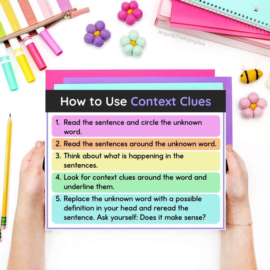 Child holding a poster of types of context clues