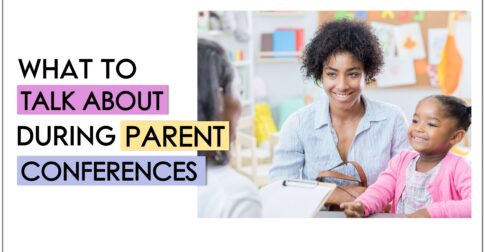 parent at a conference in an article about what to talk about at parent teacher conferences