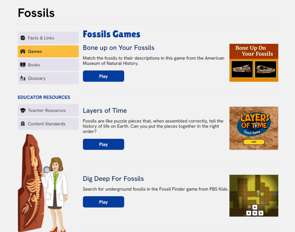 Science Trek online science games about fossils